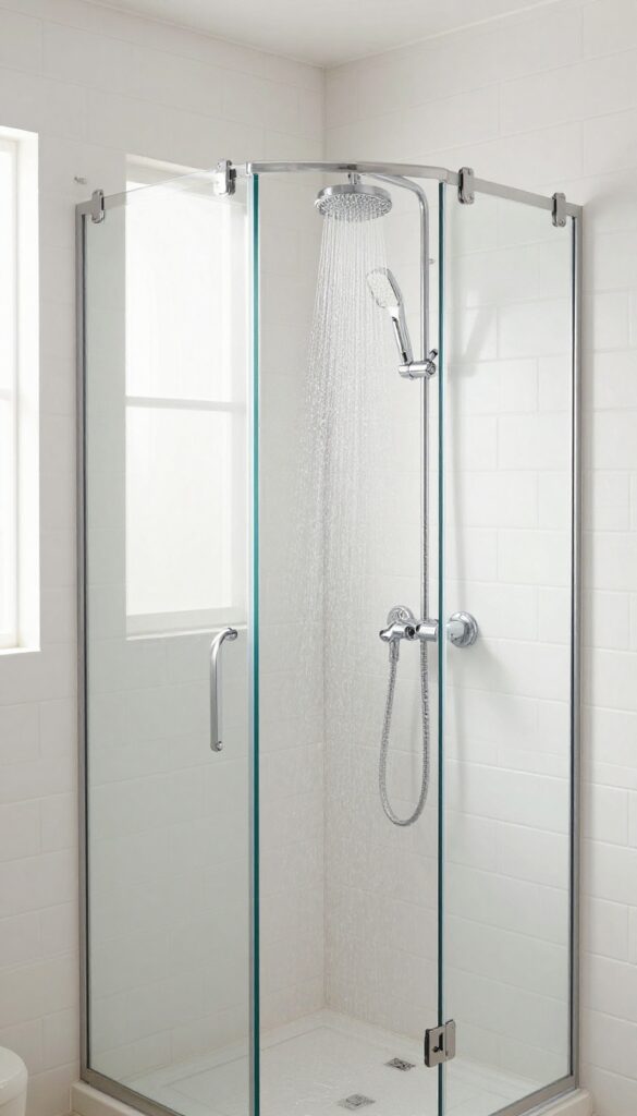 Modern small stand-up shower with a handheld showerhead on a sliding bar, water spraying on tiled wall, bright natural light