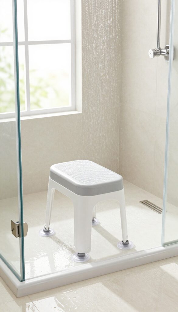 Shower stool with suction feet on wet tile floor in a bright, modern walk-in shower