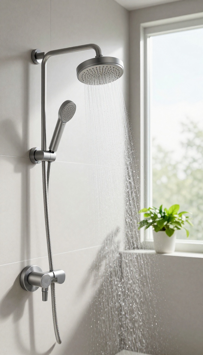 Modern water-saving shower head in a bright, spa-like bathroom with a fine mist spray