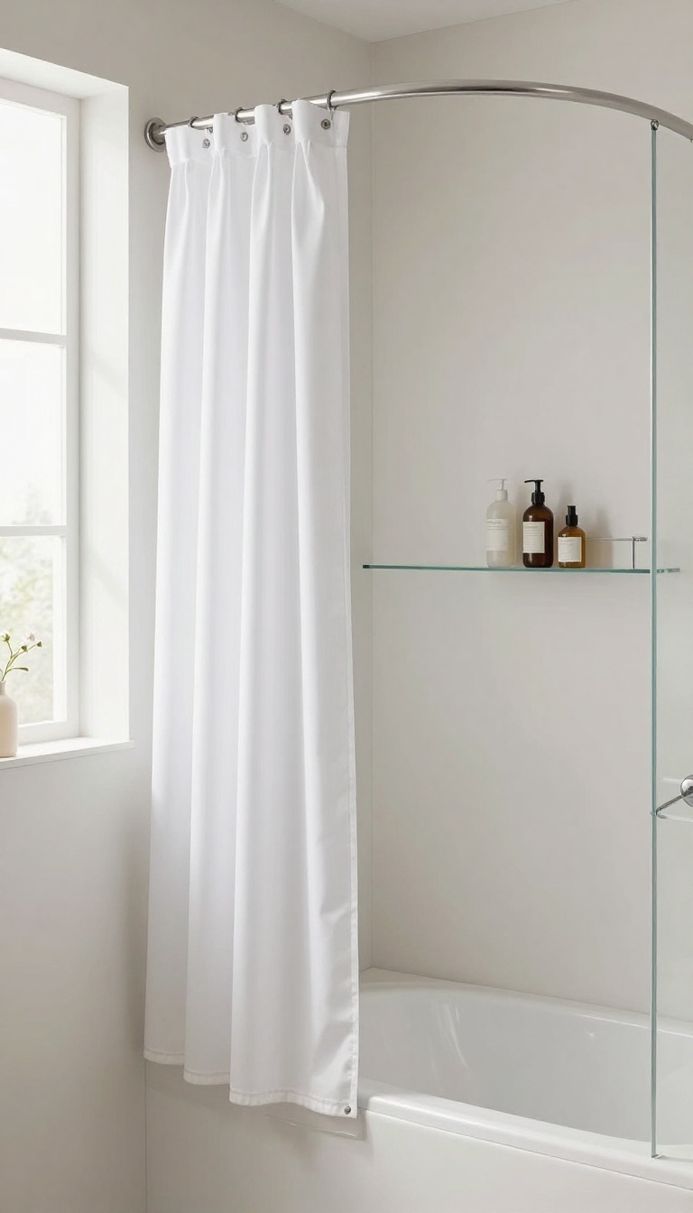 Modern bathroom shower with white curtain and magnetic liner held against tub