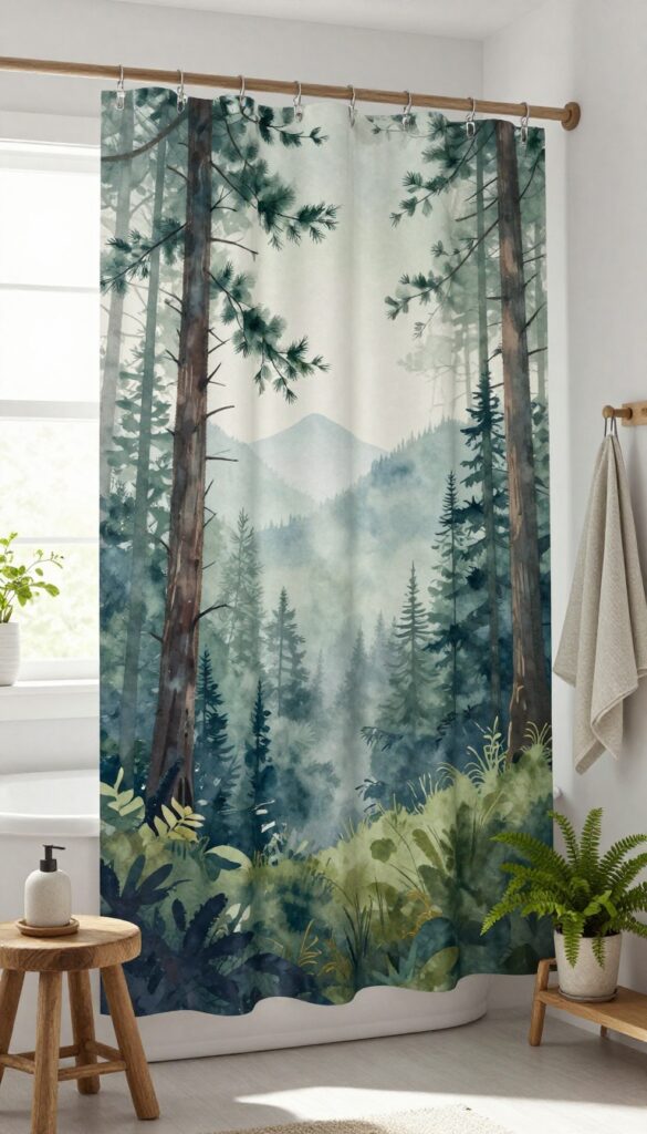Rustic bathroom with a watercolor forest scene shower curtain, wooden accents, and natural light.