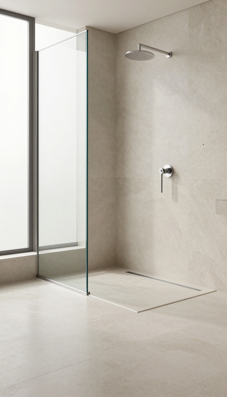 Modern master shower with a linear drain and large-format tiles, showcasing a sleek, uninterrupted floor design.