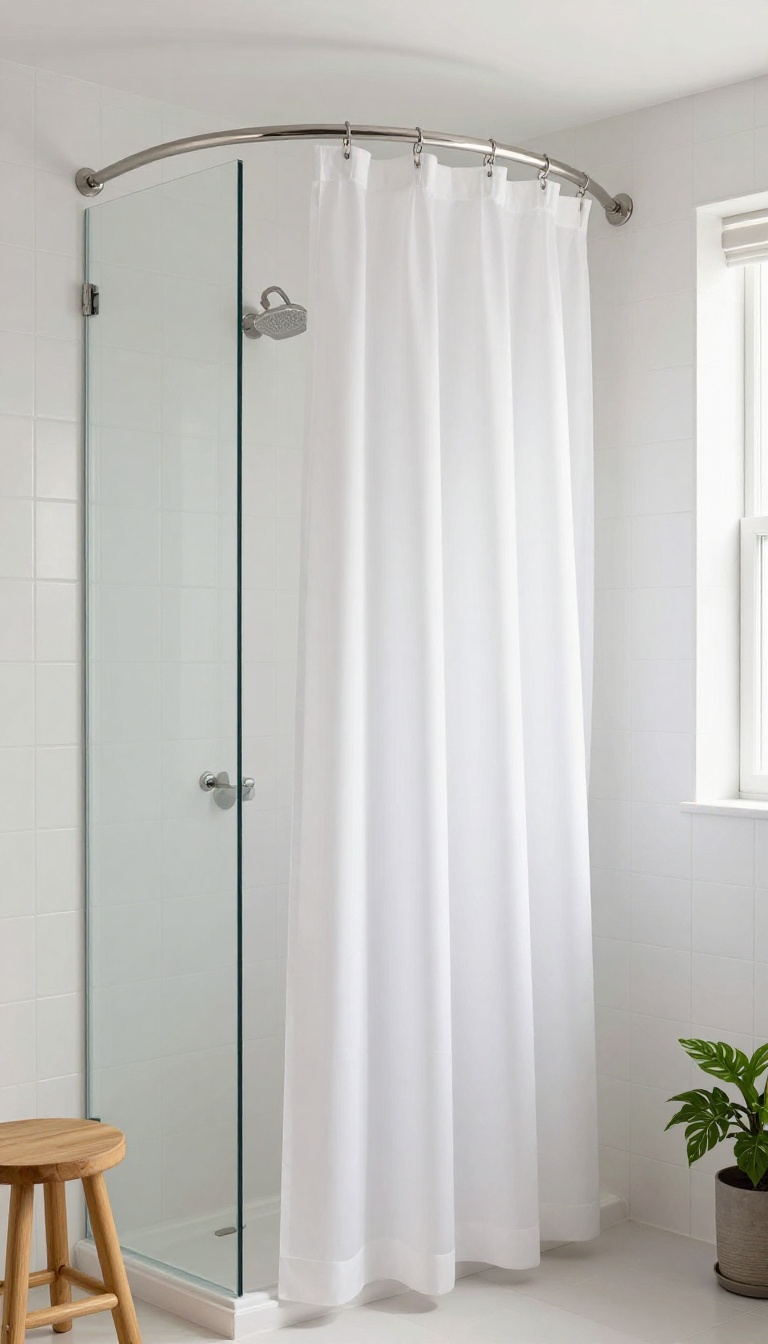 Modern bathroom with a tall white shower curtain on a curved shower rod, showing extra space and bright natural light