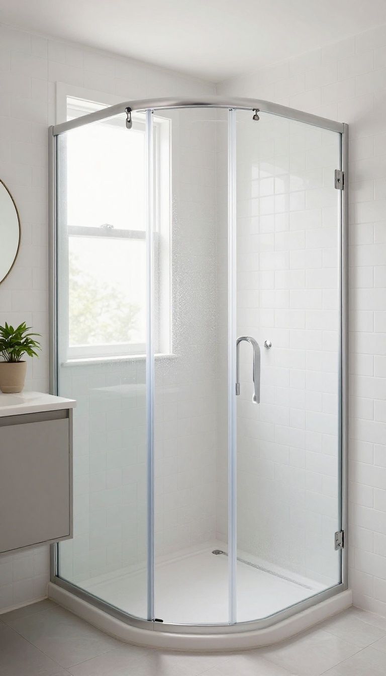 Small bathroom with a corner shower featuring a curved glass door, bright and airy with natural light
