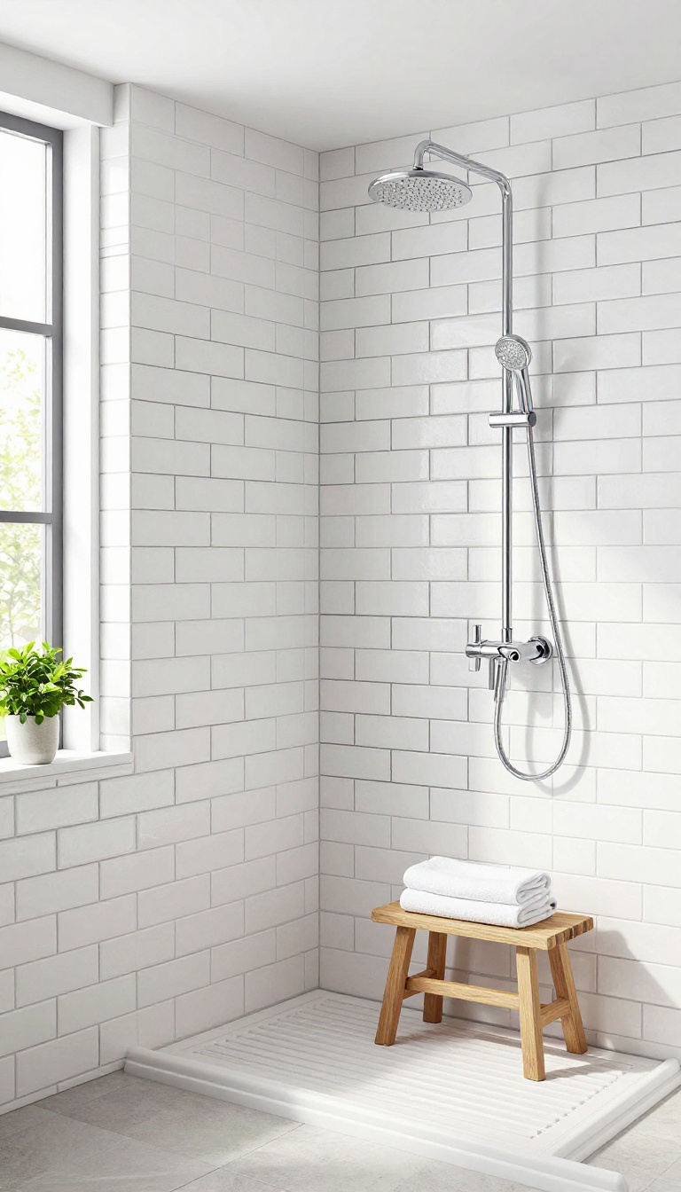 Modern bathroom shower with white subway tiles and dark contrasting grout, creating a graphic, crisp look.