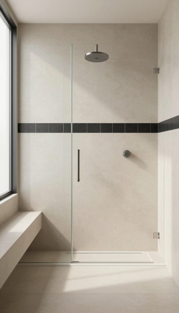 Walk-in shower with neutral tiles and a contrasting black accent stripe at eye level, featuring a bench and glass partition.