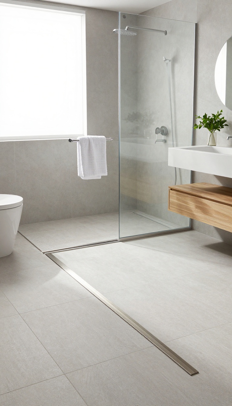 Curbless shower with linear drain at the entrance in a bright modern bathroom