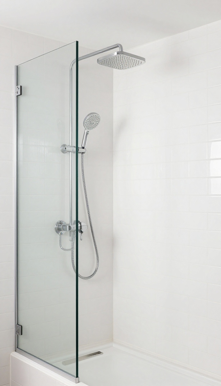 Modern bathroom shower with rain showerhead and handheld combo in bright natural light