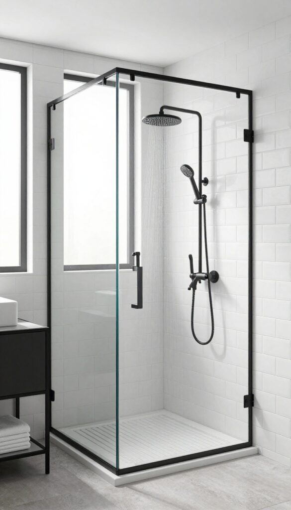 Modern shower-only bathroom with matte black fixtures and white subway tile