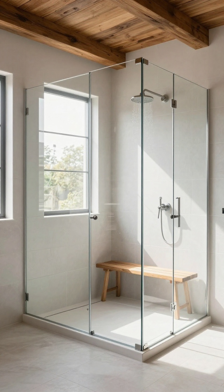 Rustic walk-in shower with exposed wooden beams overhead, glass enclosure, and teak bench in a bright, airy bathroom.