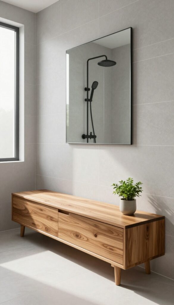 Modern bathroom shower with a teak wood bench, light gray tiles, and natural light