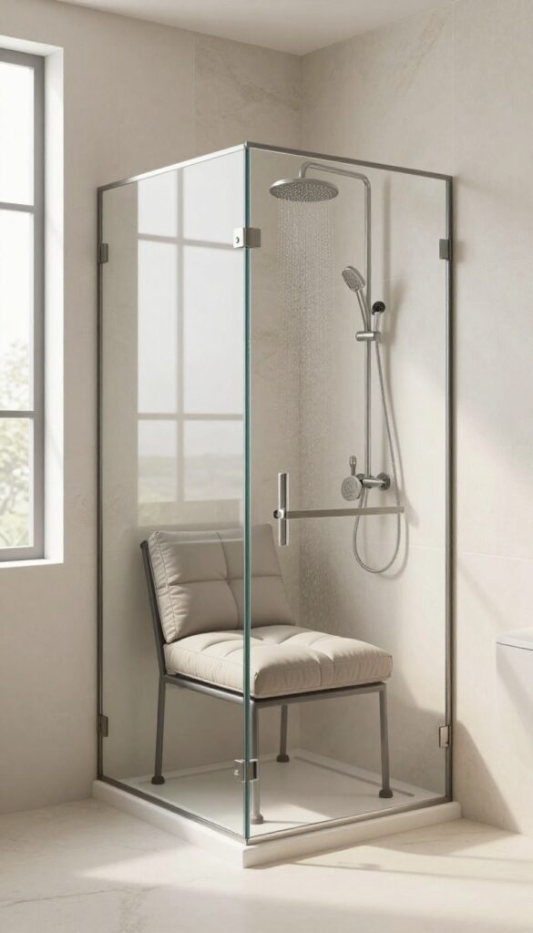 Padded shower chair in a bright, modern bathroom with natural light