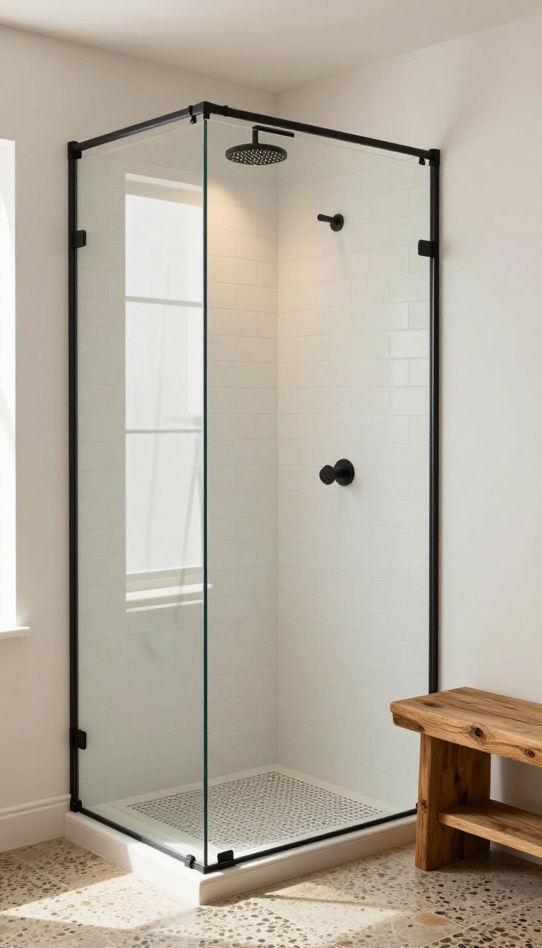Farmhouse walk-in shower with black iron pipe frame and handheld showerhead