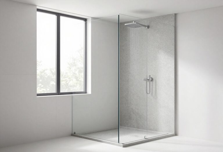 Modern bathroom with a low-profile shower tray and glass partition