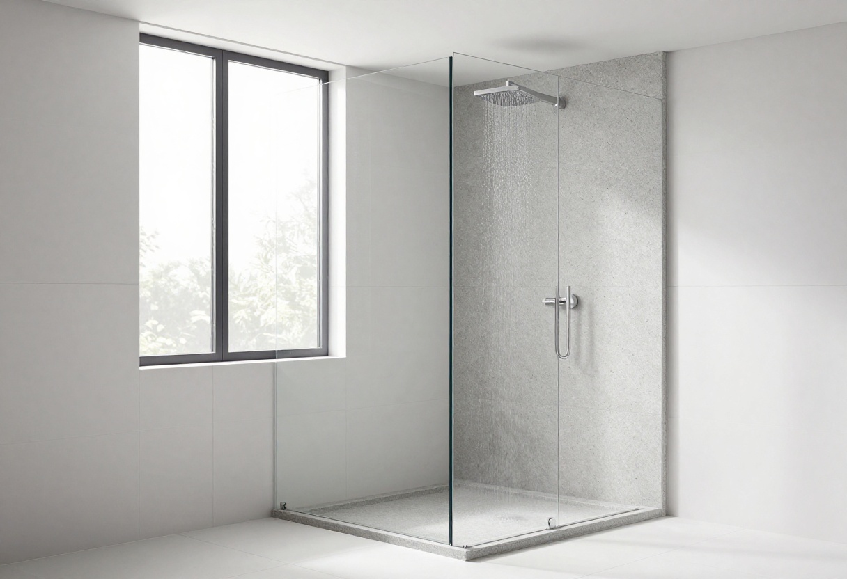 Modern bathroom with a low-profile shower tray and glass partition