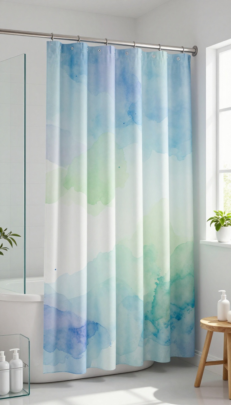 Watercolor shower curtain in a bright, serene bathroom with soft blue and green hues