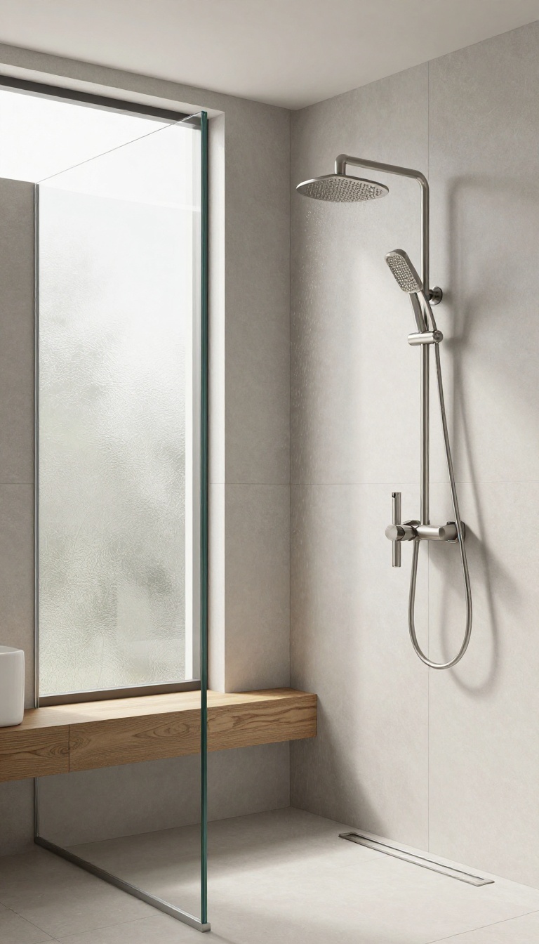 Modern bathroom with dual shower head system featuring a rainfall showerhead and handheld wand, set in a bright, spa-like space