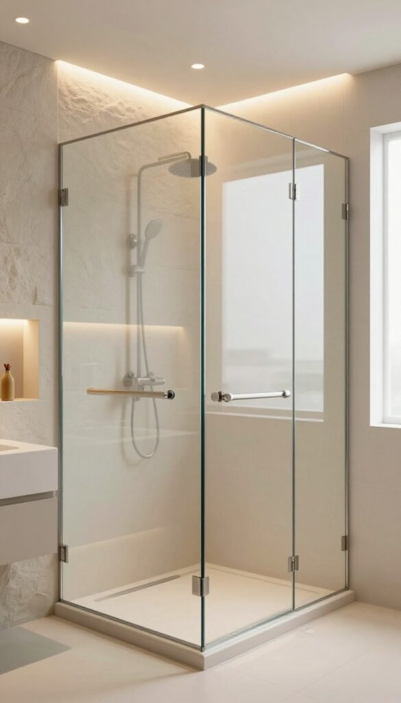 A modern neo angle shower with warm LED lighting and a spa-like ambiance, featuring glass panels, a stone wall niche, and a floating bench.