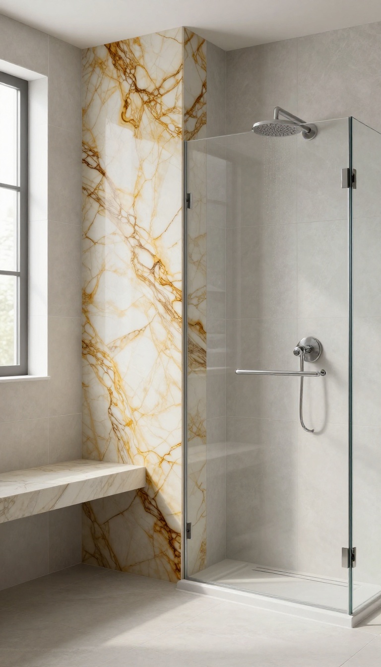 Modern bathroom shower with a single onyx feature wall and neutral tiles
