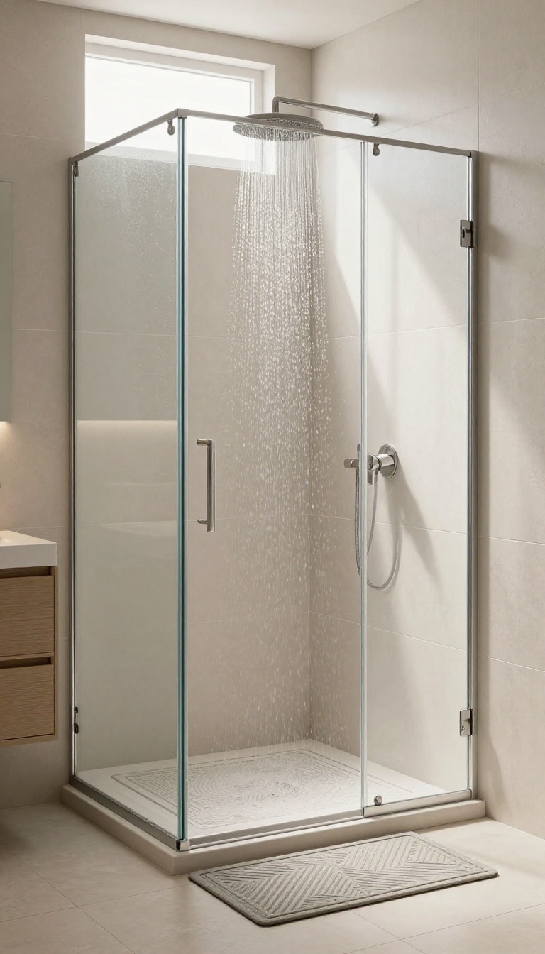 Modern bathroom shower with a stylish non-slip mat on the floor