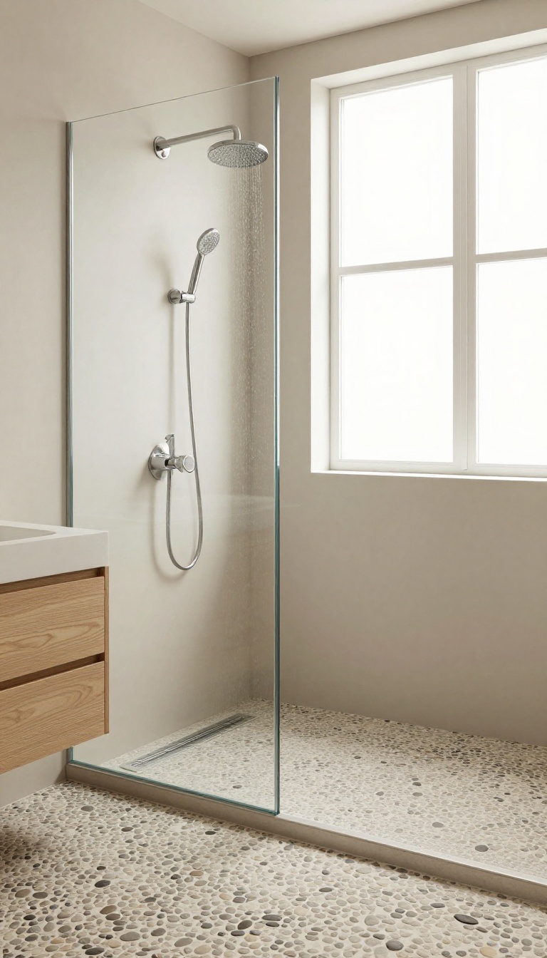 Curbless walk-in shower with pebble floor and glass partition in a bright, modern bathroom.
