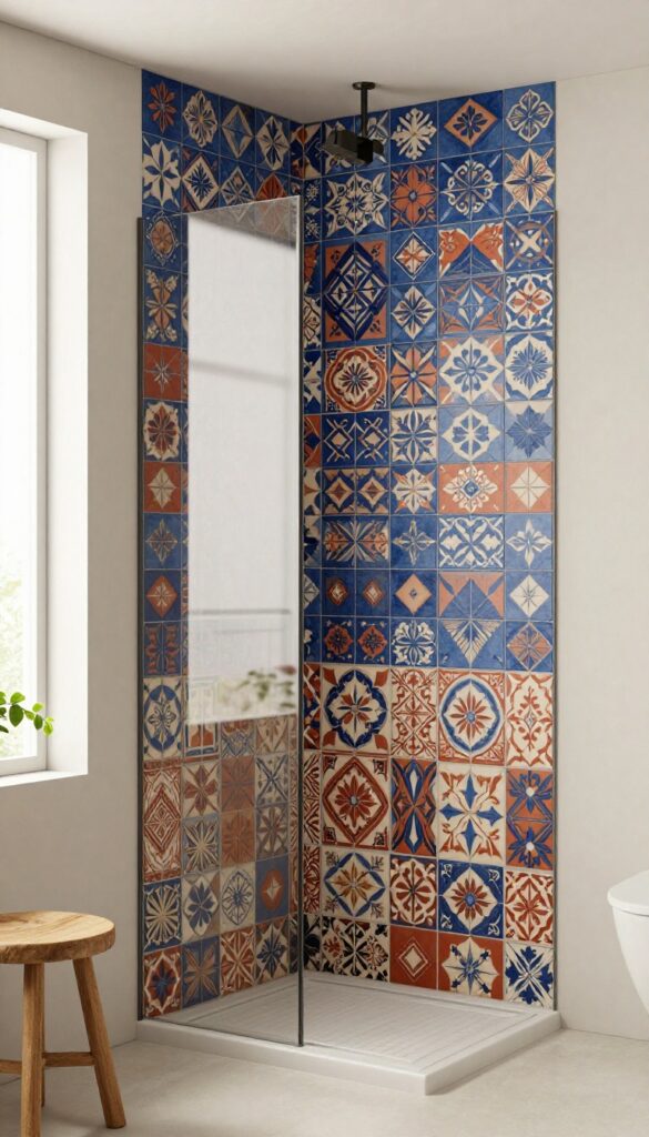 Bold patterned cement tiles on a shower curb in a bright, modern bathroom