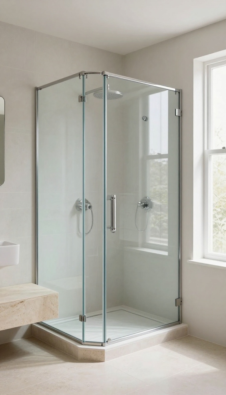 Curbless shower with a curved shower rod adding extra space and a clear glass curtain, modern bathroom design with natural light.