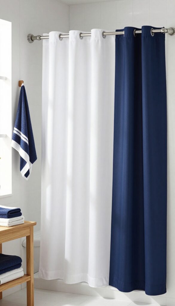 Two-tone color blocking shower curtains in white and navy in a bright modern bathroom