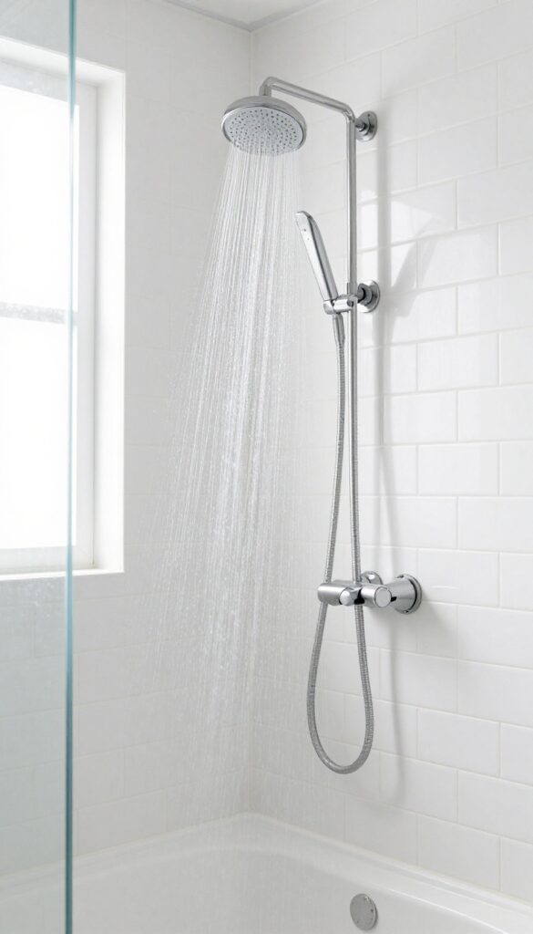 Handheld showerhead with diverter in a small bathroom shower-over-bathtub setup