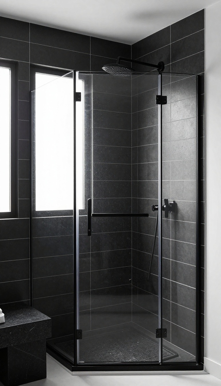 Modern walk-in shower with matte black tiles and white grout, featuring a rainfall showerhead and glass door