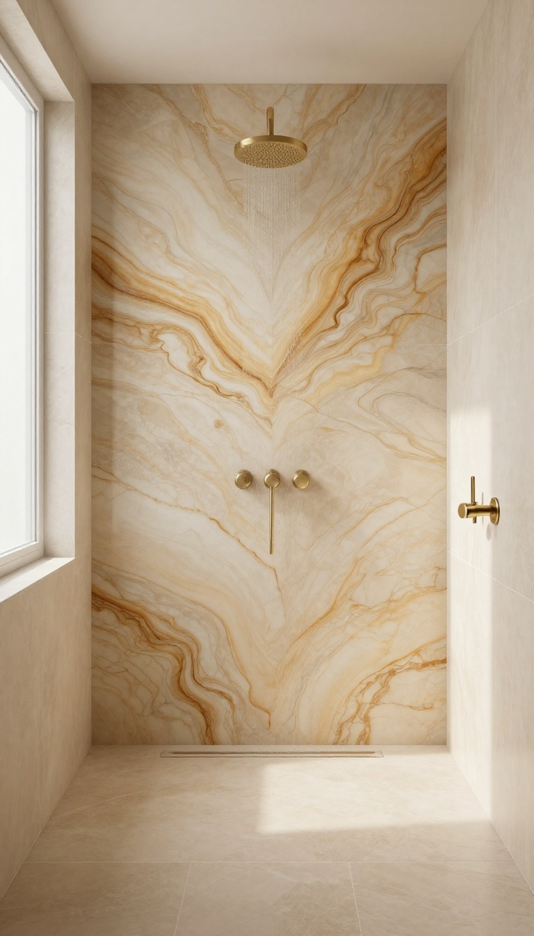 Luxury shower with bookmatched onyx slabs featuring mirrored veining in warm tones, surrounded by simple beige tiles and brushed brass fixtures
