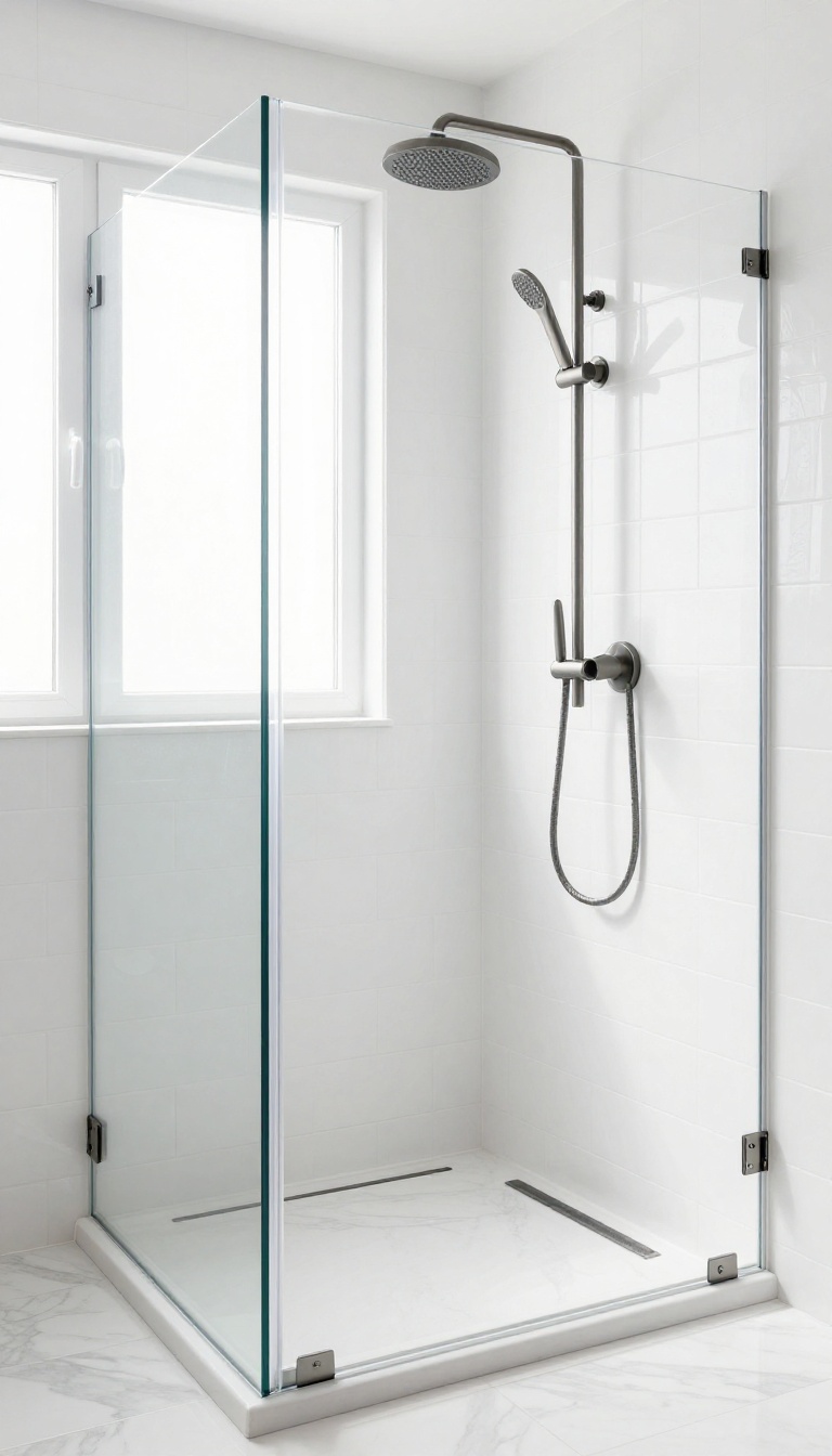 Matte black shower drain in a modern white marble bathroom