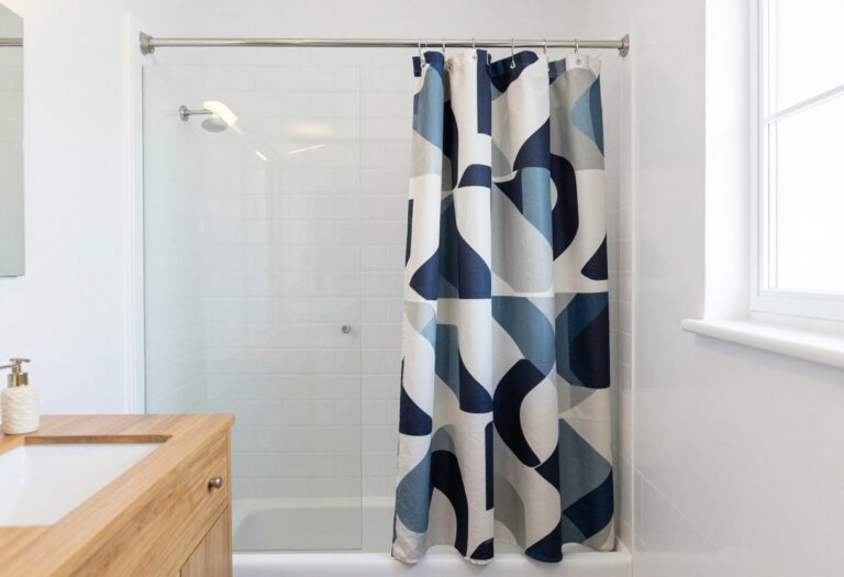 Small bathroom with a bold geometric shower curtain and white subway tiles