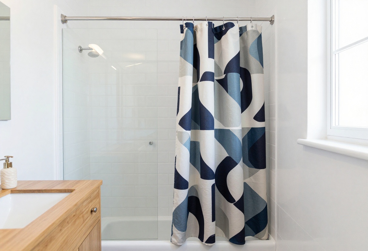 Small bathroom with a bold geometric shower curtain and white subway tiles