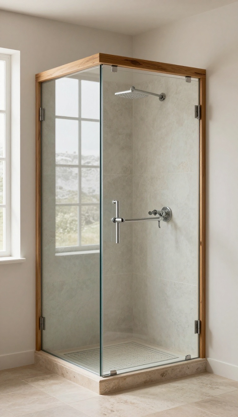 Rustic walk-in shower with frameless glass enclosure and natural stone floor
