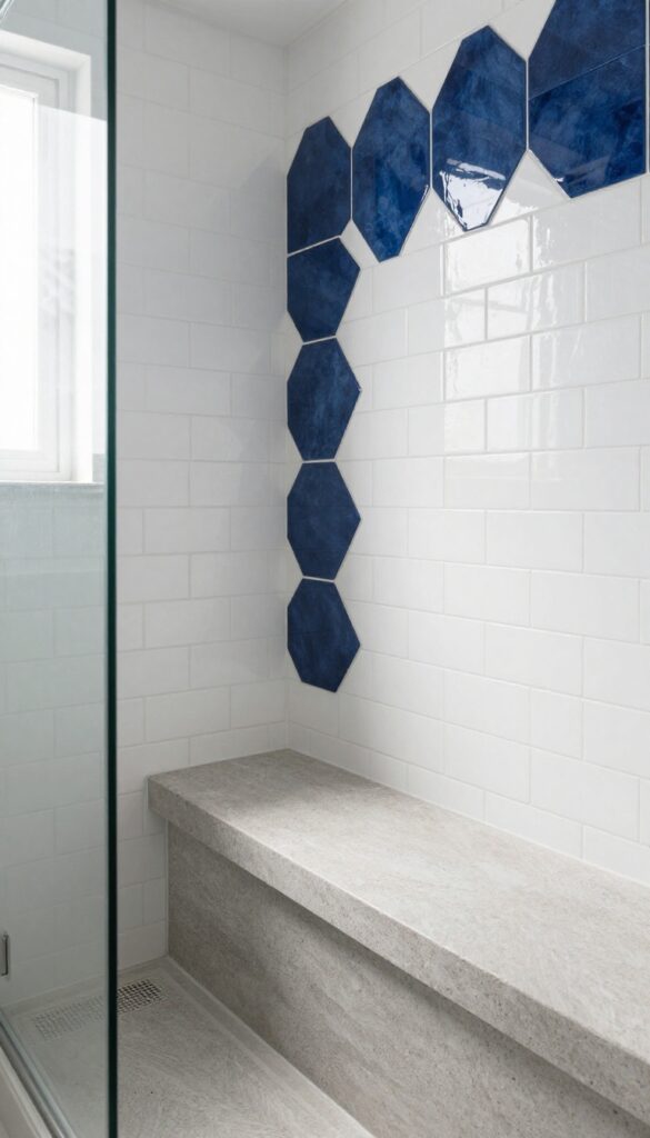 Walk-in shower with a navy hexagon tile accent wall behind a built-in bench seat, contrasting with white subway tiles.