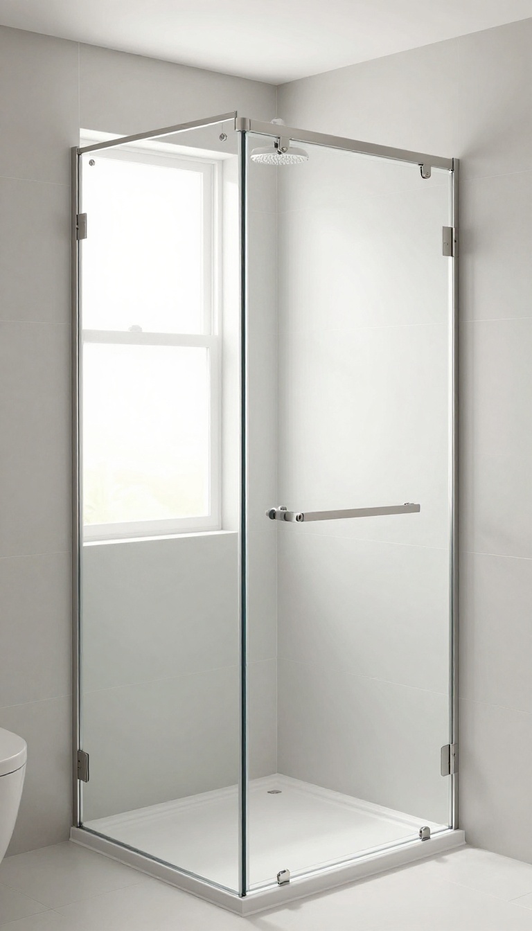 Semi-frameless shower glass door with slim metal frame and clear glass in a bright, modern bathroom