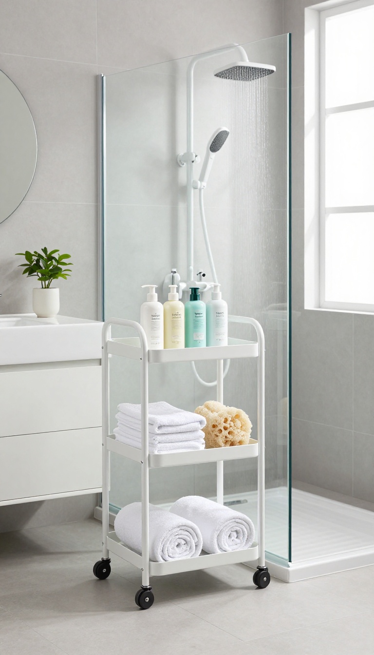 Slim rolling cart beside a modern shower holding towels and bath essentials