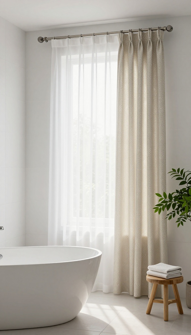 Bathroom with double curtain rods, sheer inner curtain and patterned outer curtain, bright natural light