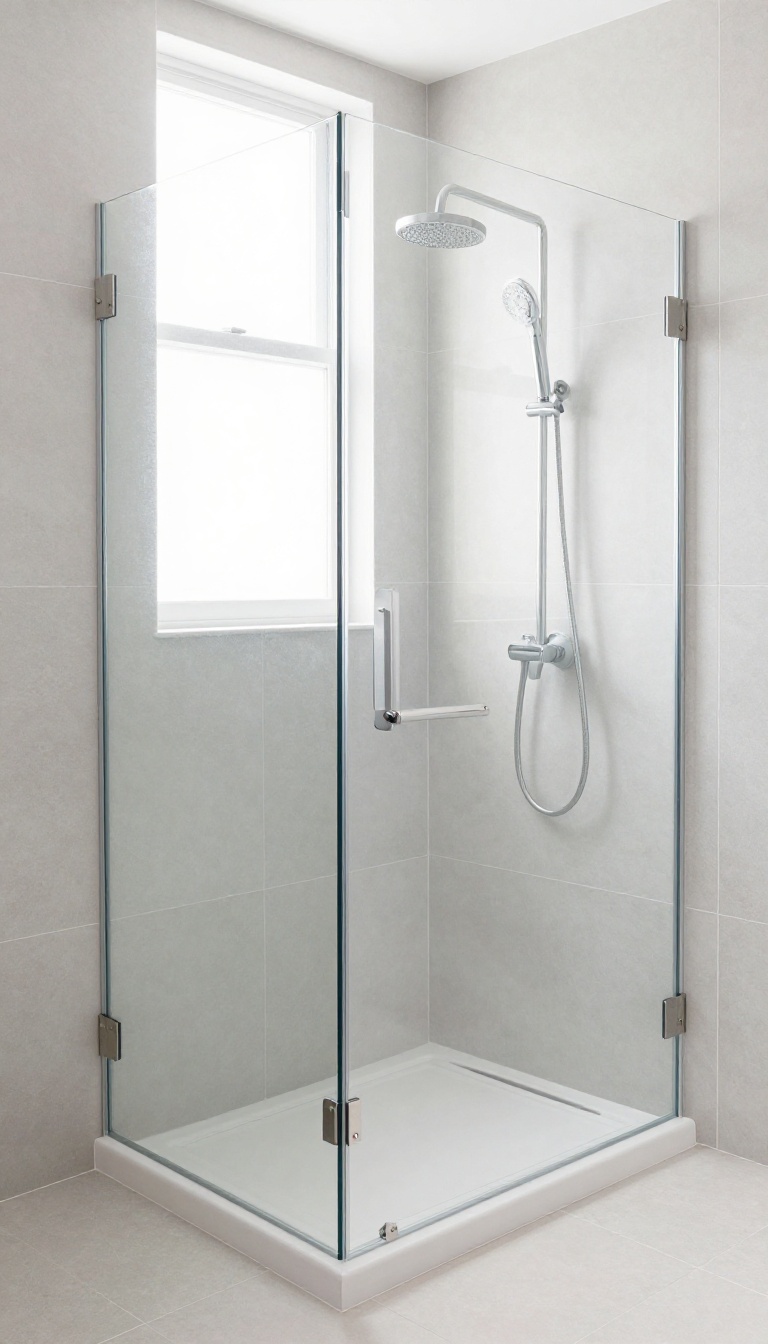 Bright small walk-in shower with a frameless glass panel, large-format tiles, and minimal hardware, showing an open and airy feel.