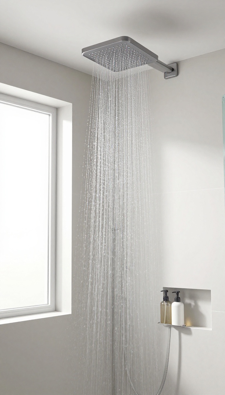 A compact shower cabin with a rainfall showerhead under a sloped ceiling, creating a luxurious spa feel in a small space.