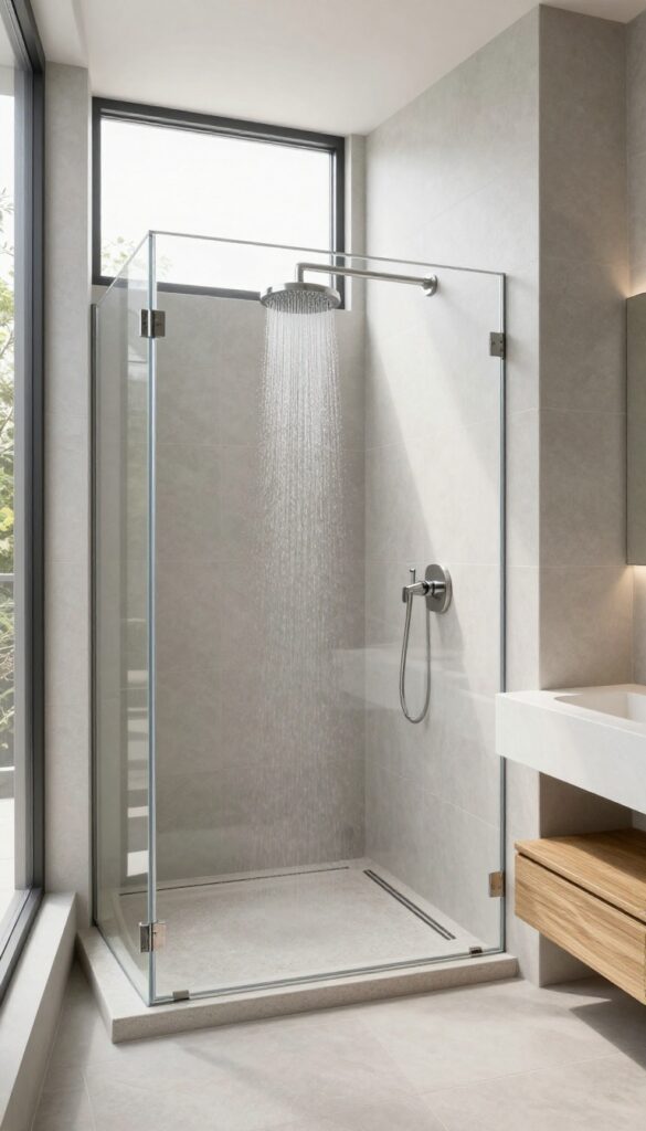 Spacious walk-in shower with extra-large tray, rainfall showerhead, and teak bench in a bright modern bathroom