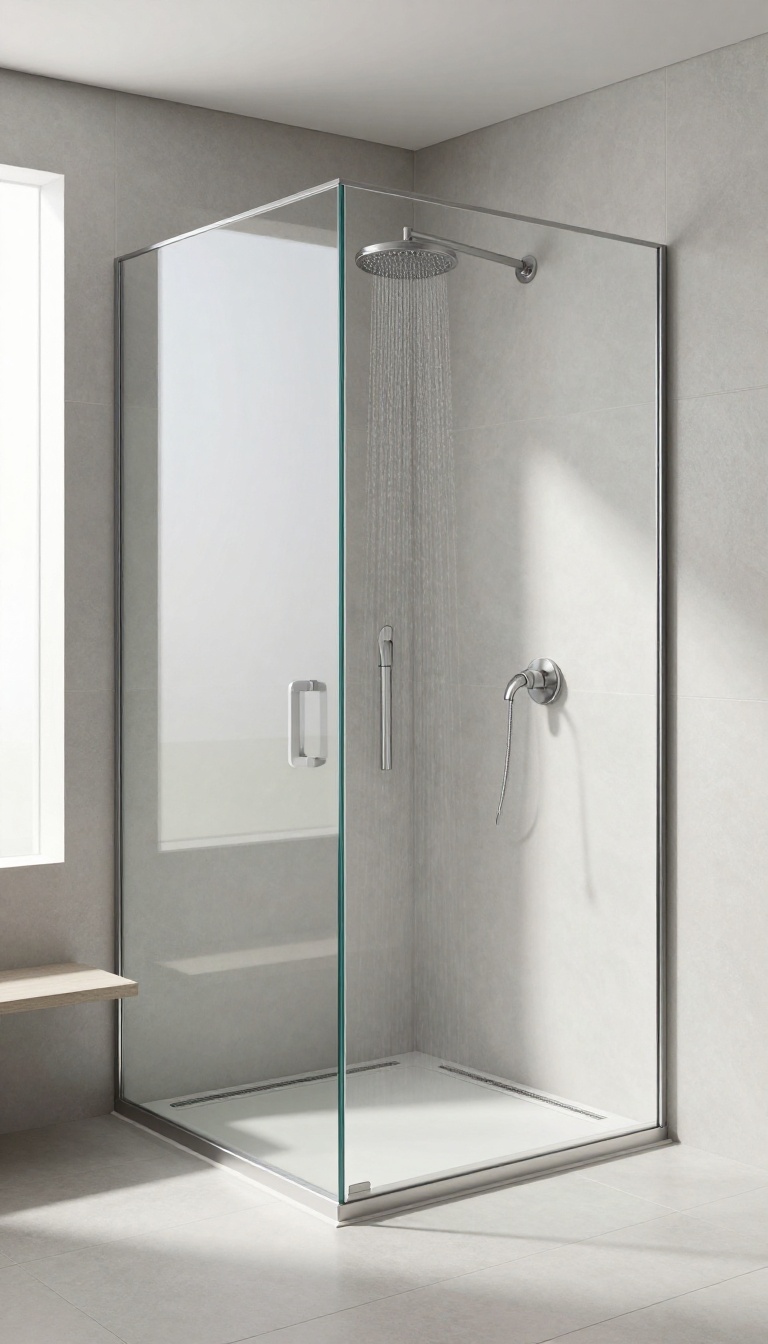 Modern walk-in shower with linear drain and flat tile floor in bright natural light