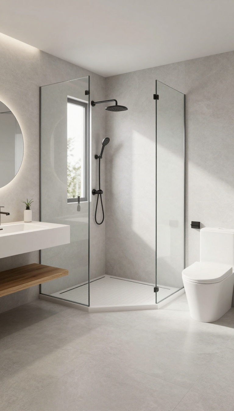 Curbless corner shower with seamless tile transition and glass partition in a bright small bathroom
