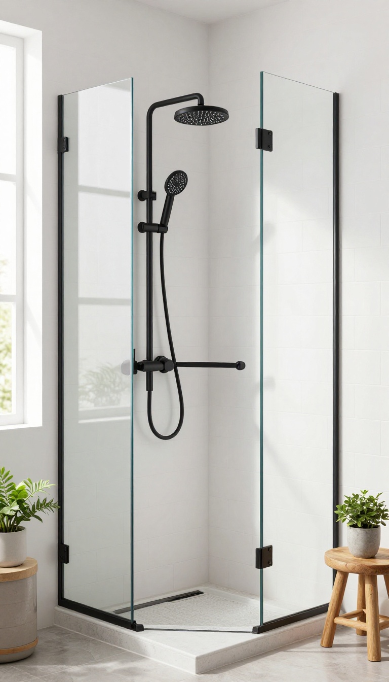Modern master bathroom shower with matte black fixtures against white subway tile and light gray stone, featuring a rain showerhead and hand shower, with natural light and a wooden stool.