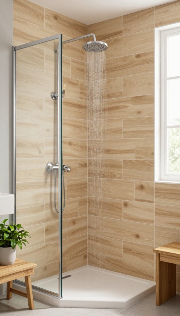 Modern bathroom shower with wood-look porcelain tiles in a light oak finish, staggered pattern, white grout, glass enclosure, and natural light.