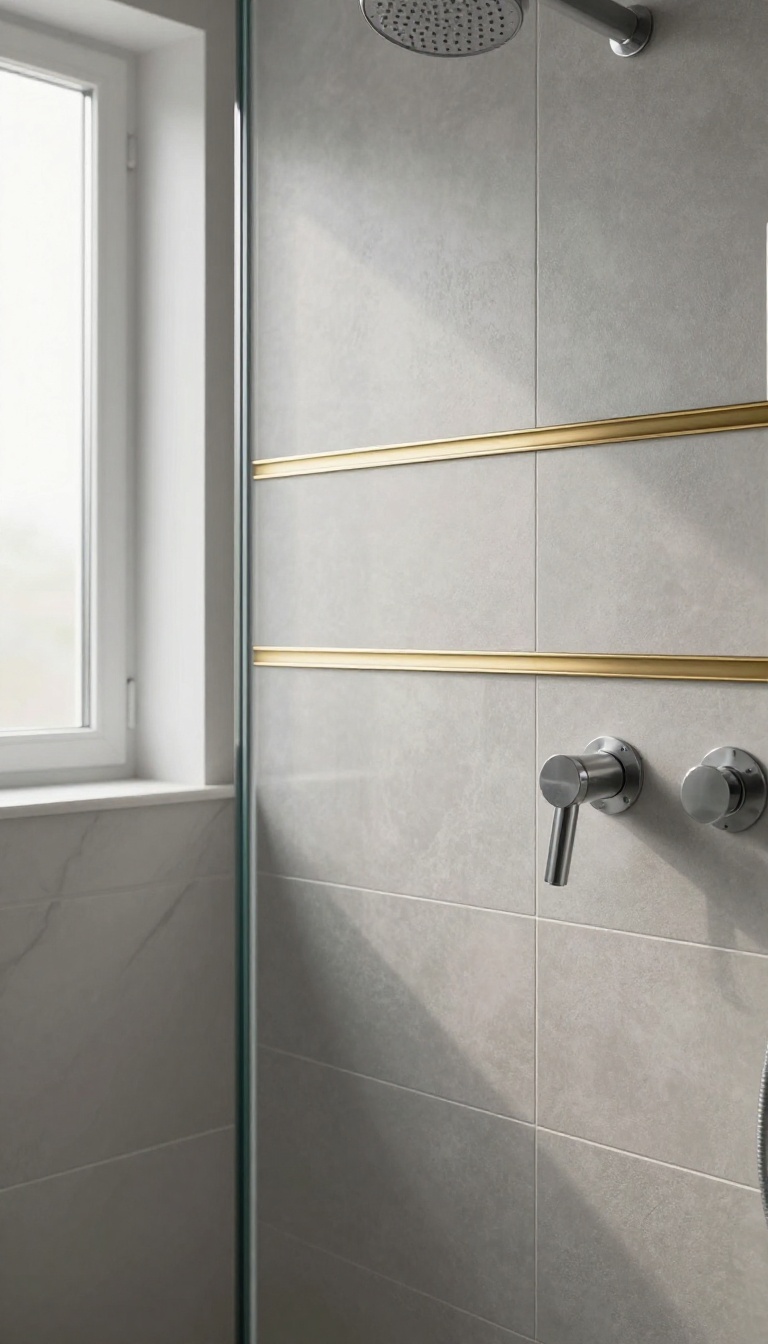 Modern shower wall with large gray porcelain tiles and a thin brass metal border, highlighting a mixed-material accent in a bright bathroom.