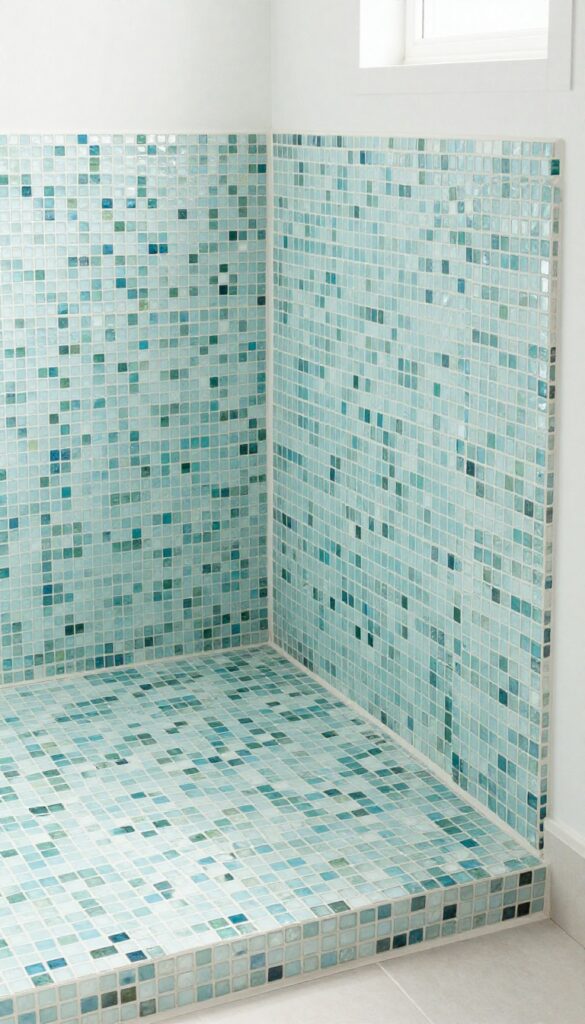 Modern bathroom shower curb with glass mosaic tiles in soft blue and green shades, reflecting light and adding a polished, spa-like feel.