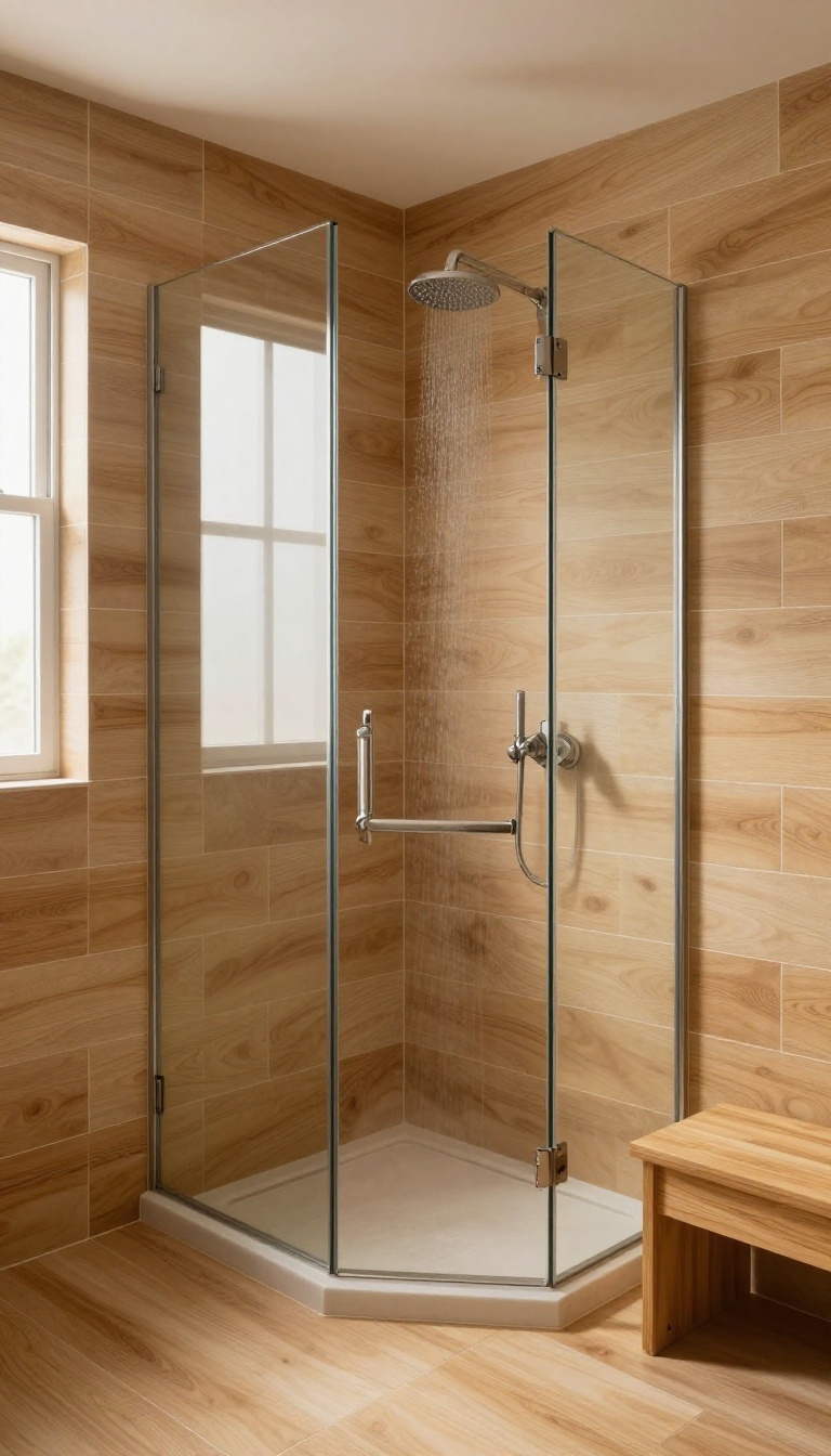 Full wood tile shower enclosure with light oak planks and rainfall showerhead, spa-like ambiance