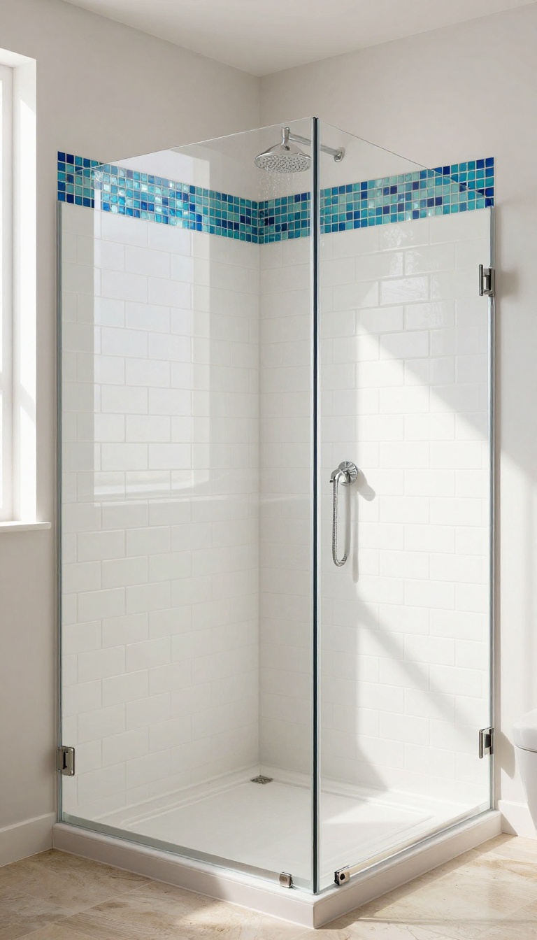 Modern bathroom with a half wall shower featuring a blue glass mosaic accent strip along the top edge, clean white tiles, and bright natural light.